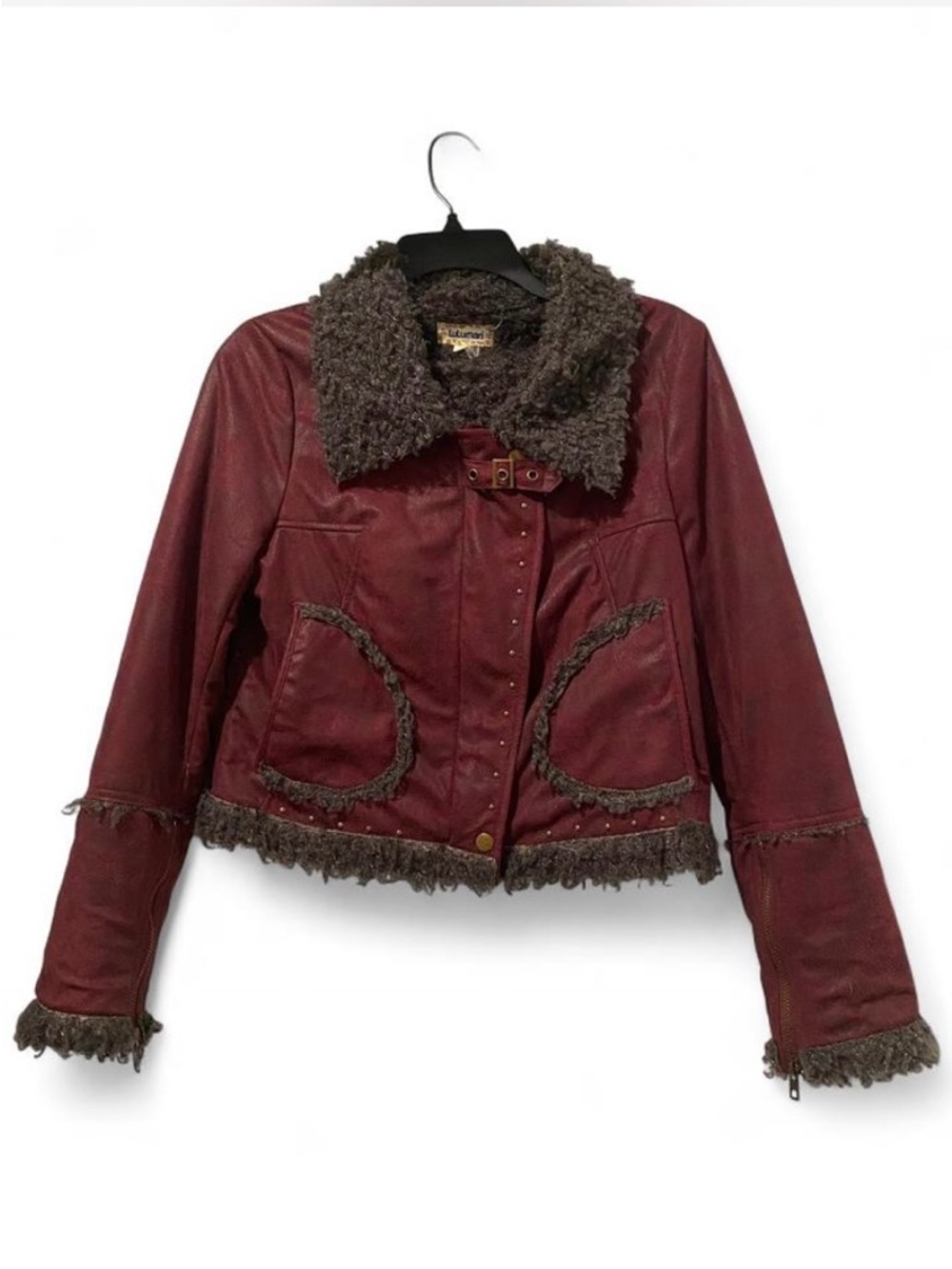 Lulumari Burgundy Faux-Leather Jacket with Brown Shearling Trim